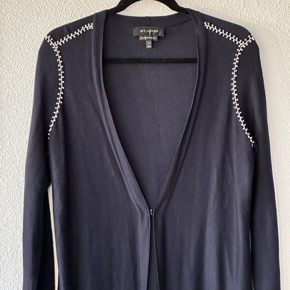 St John Navy Blue Handbeaded Long Cardigan Sweater Size M - Picture 2 of 13
